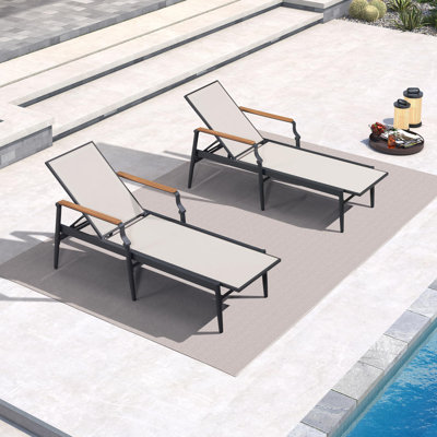 Purple Leaf Outdoor Textilene Fabric Chaise Lounge Chair Set Of 2 Aluminum Chairs With Wooden Armrest