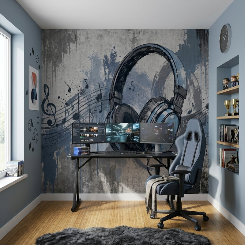 Papier peint mural graffiti avec casque d'écoute et notes de musique urbaine, 160"x108", Textured Non-Pasted
