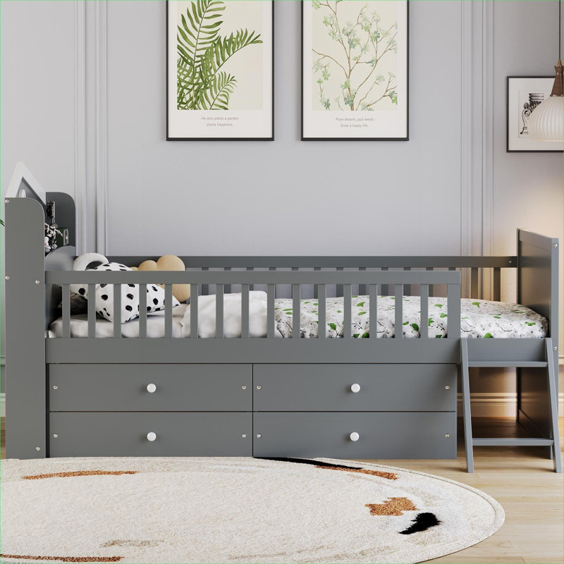 Clean White Solid Wood Twin Platform Bed Frame for Kids Bedrooms With Storage and Safety Guardrails, Gris / Blanc