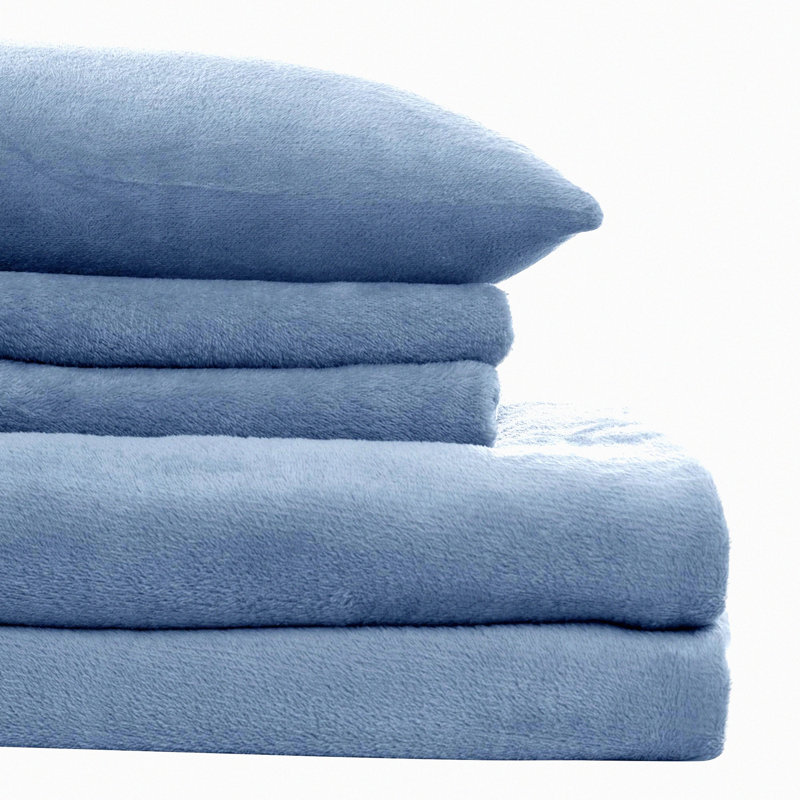 Plush Fleece Queen Bed Set - Baby Blue Flannel Sheets with Deep Pocket, 4-Piece Cozy Sheet Set including Fitted Sheet, Flat Sheet, and Pillowcase