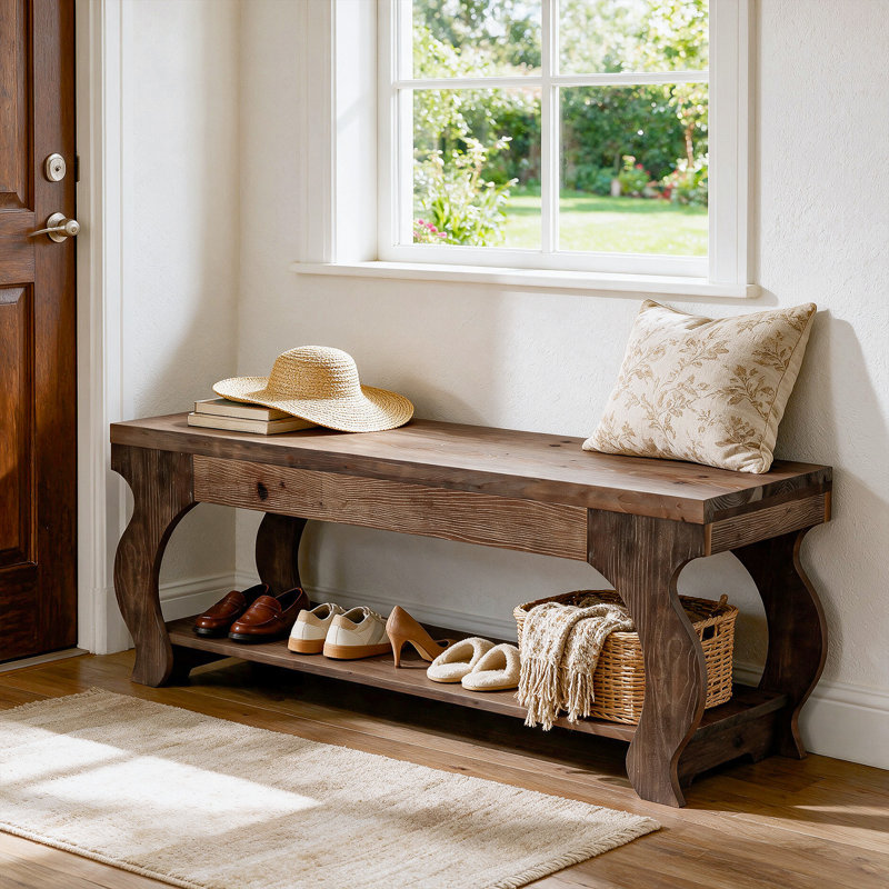 Banc d'entrée en bois massif, banc à chaussures de ferme avec tablette de rangement inférieure ouverte