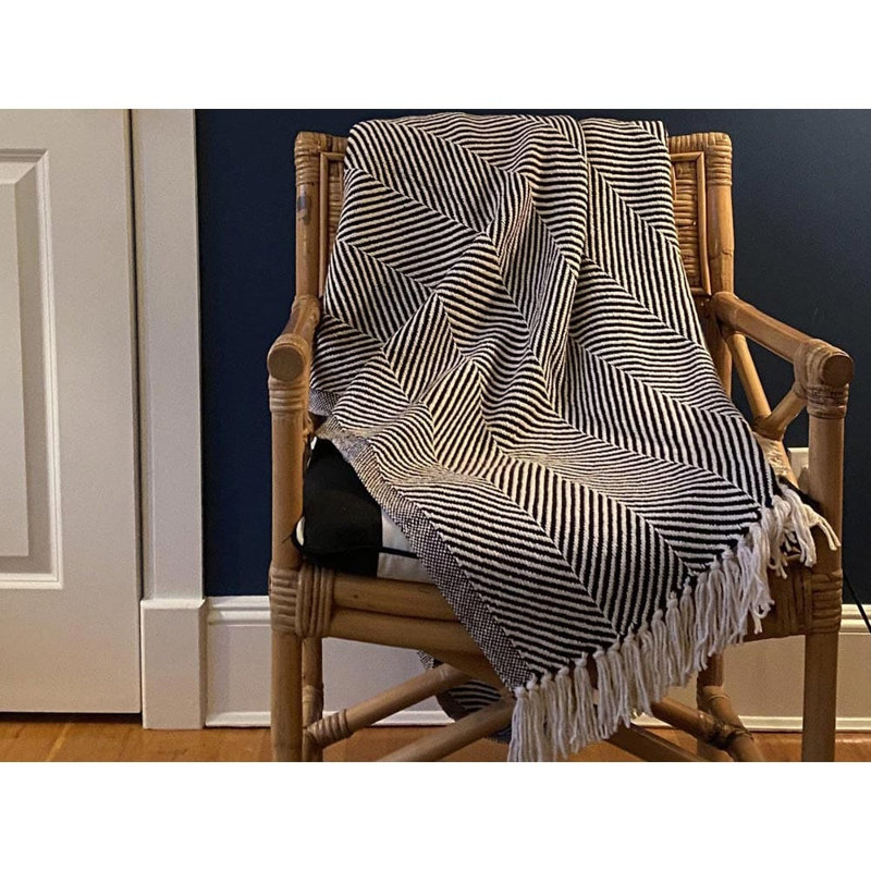 Monhegan Cotton Throw With Fringe, Black Chevron