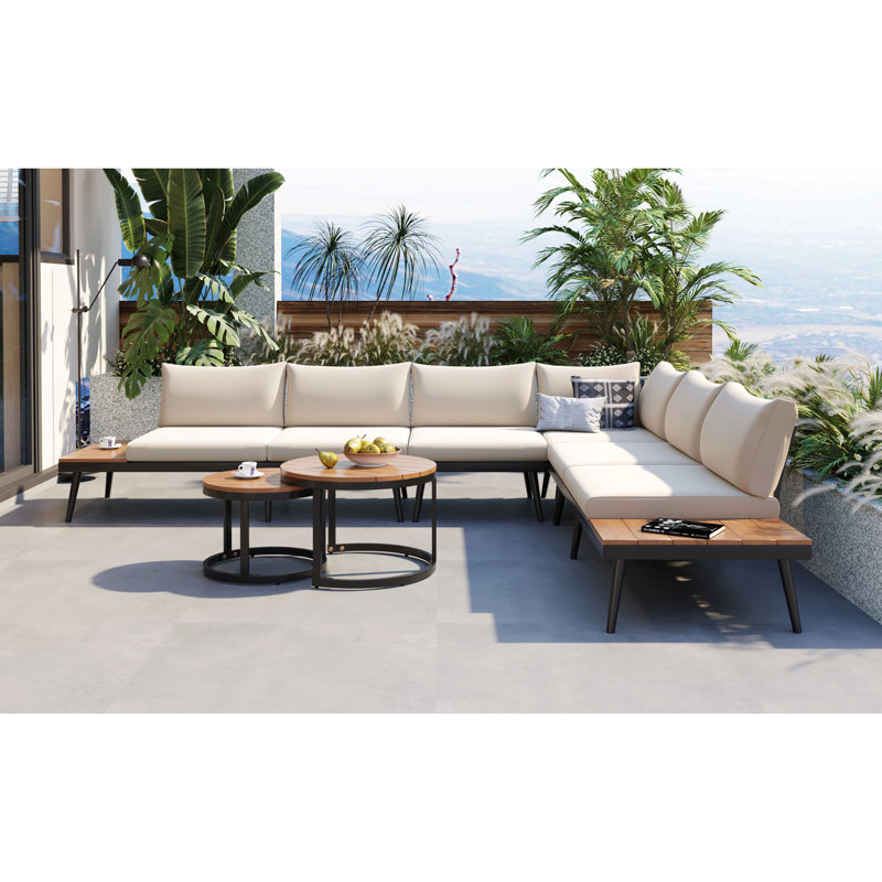 Canapé modulaire beige avec bois et - Housses de coussin pour sièges d'extérieur en fer thermolaqué -