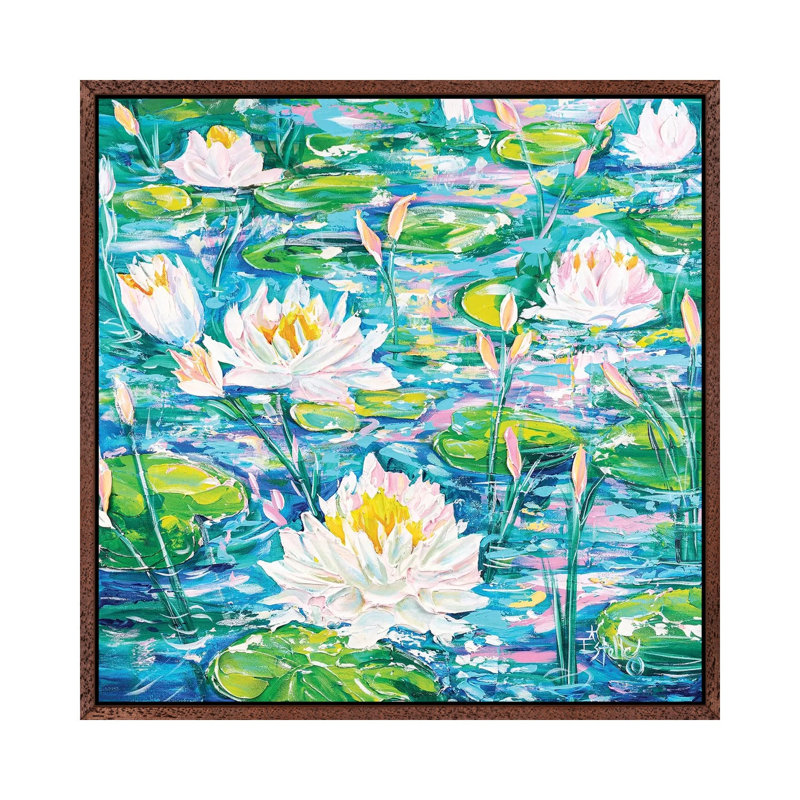 Water Lilies Afloat by Estelle Grengs - Painting on Canvas, Classic Brown Wood Framed, 66.04cm H x 66.04cm W x 3.81cm D