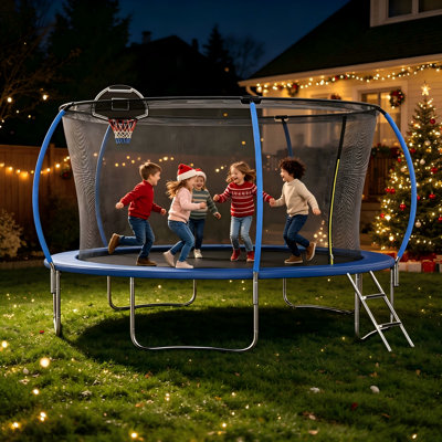 ASTM Approved 14FT Backyard Trampoline for Kids and Adults, Outdoor Recreational Trampoline with Basketball Hoop and Safety Enclosure Net