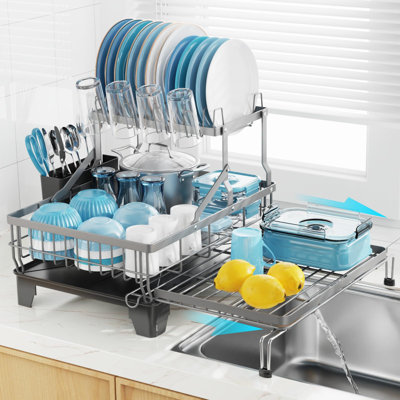 Grand égouttoir à vaisselle extensible, utilisation au-dessus de l'évier et du comptoir, espace de séchage extensible, bec à vidange automatique, cadre stable vissé, porte-gobelet et ustensiles, support de cuisine résistant à la rouille, 2 niveaux