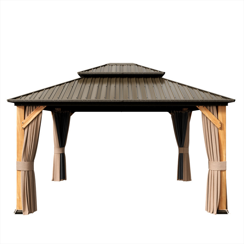 12 pi. X 14 pi Pavillon de jardin en bois de cèdre brun avec toit double en acier galvanisé, rideaux et filet