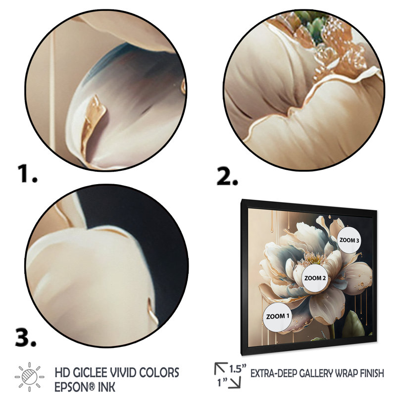 Jeanelle Cream White Flower - Print on Canvas, Black Picture Framed Canvas, 16" H x 16" W x 1" D