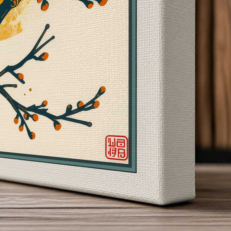 Kingfisher Among Branches Japandi - Wrapped Canvas, 18x12 - 45.7 x 30.5 cm, Cream Border