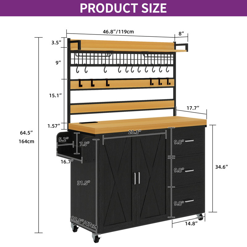 Farmhouse Bakers Rack with Power Outlet and LED Light, Microwave Stand Coffee Bar Cabinet on Wheels, Black