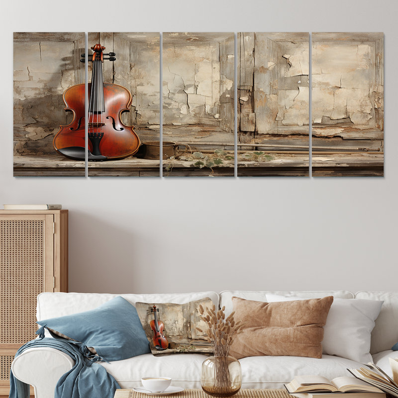 «Brown Brooding Burgundy Cello Music I», art mural 5 pièces, H 28 po x l 60 po