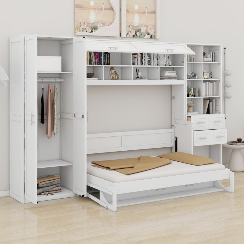 Lit escamotable Murphy avec placard, tiroirs et tablettes, Blanc