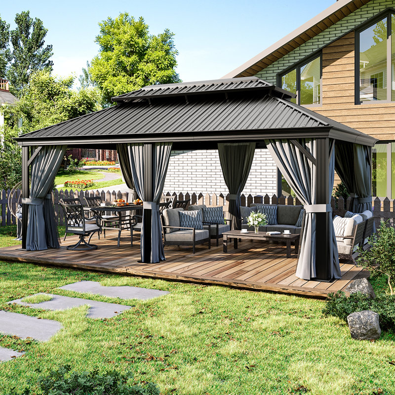 20x12 FT Hardtop Gazebo with Double Roof, 120mm Aluminum Posts & Built-in Gutter, Black & Grey, 20 Ft. W x 12 Ft. D