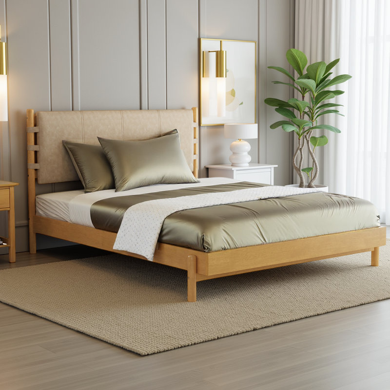 Structure de lit, lit plateforme en bois massif avec tête de lit, Beige, Grand lit