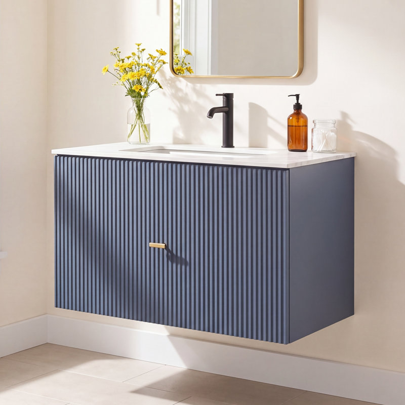 Jamell 30'' Single Bathroom Vanity with Engineered Stone Top, Dark Blue, White