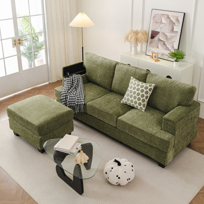 85'' L-Shape Sectional Sofa with Movable Ottoman,Armrest Organizer,Thick Cushion,Chenille Couches for Living Room,Apartment,Home Furniture,Green