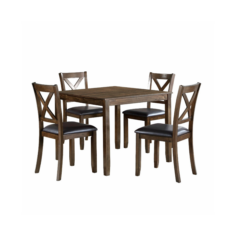 Ensemble de table de salle à manger 5 pièces Gimi, 4 chaises à dossier en simili cuir, brun anthracite