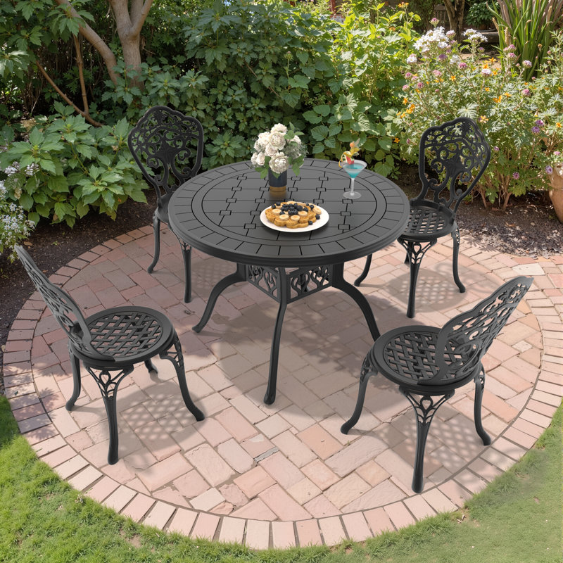 5-Piece Round Table Outdoor Cast Aluminum Dining Set, Compact Size Chair (Seat Width:15.35")，A Patio and Terrace Essential