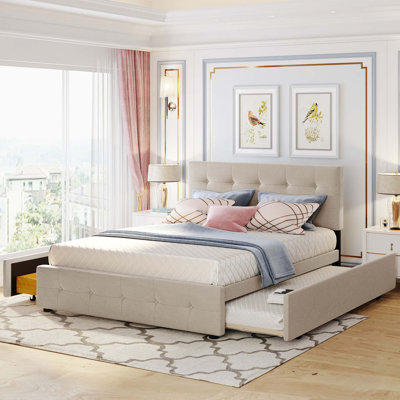 Grand lit plateforme tapissier avec 2 tiroirs et lit simple TG - Tissu en lin, rangement et design moderne - Beige foncé