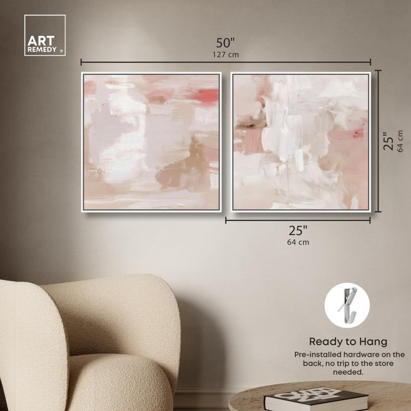Ensemble de 2 décorations murales sur toile Blush, H 25 po x l 25 po, Cadre blanc
