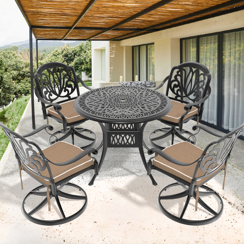 Outdoor 5 Dining : 4 Swivel Chairs & 35.43" Round Aluminum Table, Black Frame, Weather , Protected, Comfortable Seats, 350Lbs Seat Capacity, 160Lbs Table Easy To Install Seating, Assembly Fashion