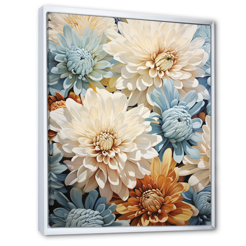 «Mums White and Blue Elegance III», reproduction sur toile, Cadre flottant blanc, H 20 po x l 12 po x P 1 po