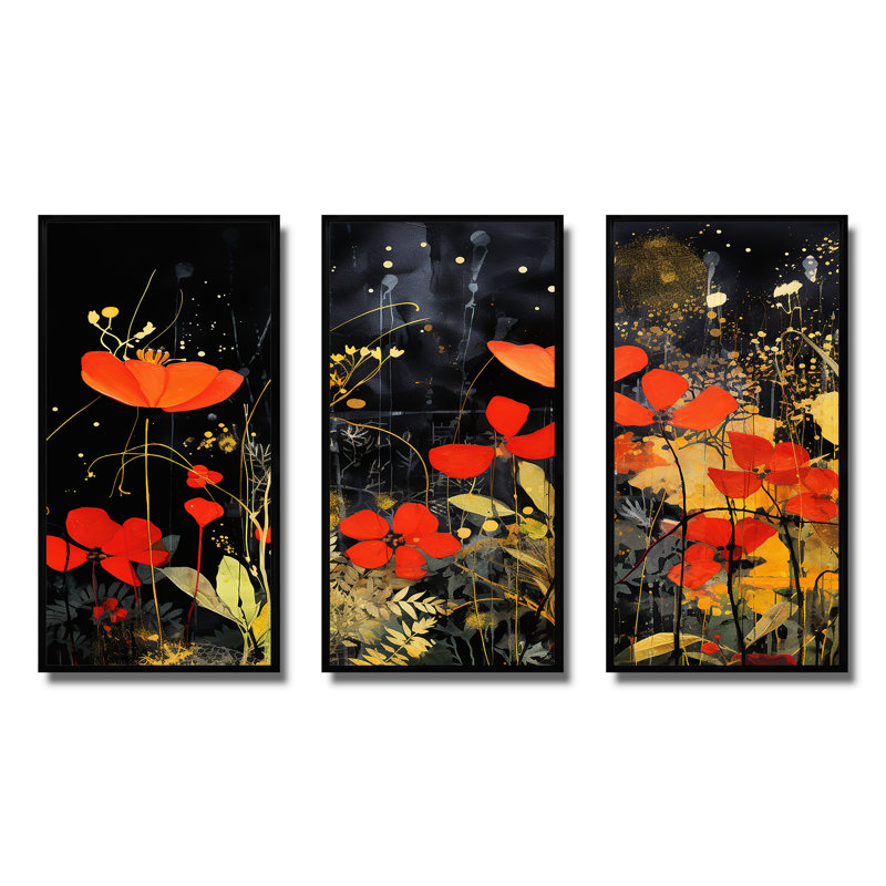 Art mural moderne orange et vert tropical - Collages abstraits, Cadre flottant noir, H 32 po x l 48 po x P 1 po