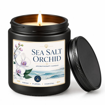 Bougie parfumée Orchidée au sel de mer, 100 % cire de soya, pot en verre ambré de 200 g, durée de combustion de 35 à 40 heures.