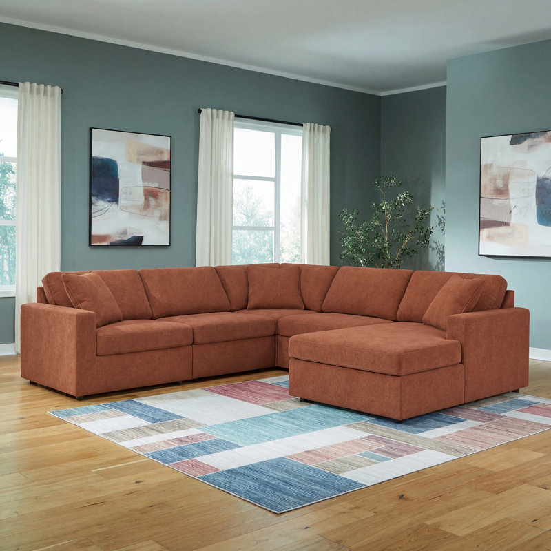 Canapé modulaire 5 pièces avec méridienne Depew, Orienté à droite, Polyester orange