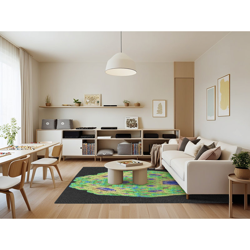 Tapis vert/bleu/noir de zone à motifs, Rectangle 7 pi x 9 pi