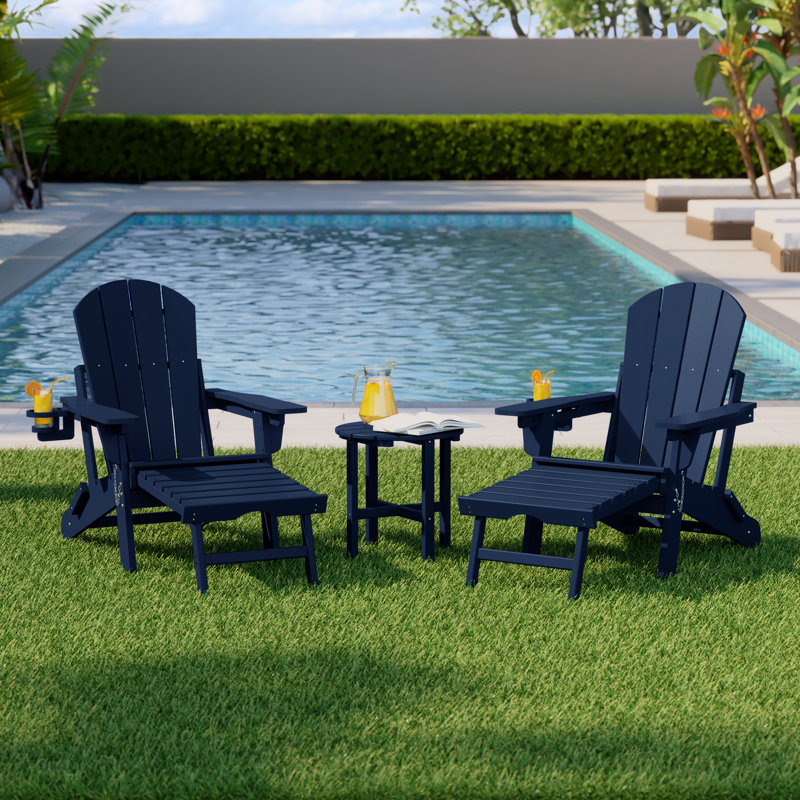 Outdoor Folding Adjustable Adirondack Chair With Hideaway Ottoman & Round Side Table, Navy Blue