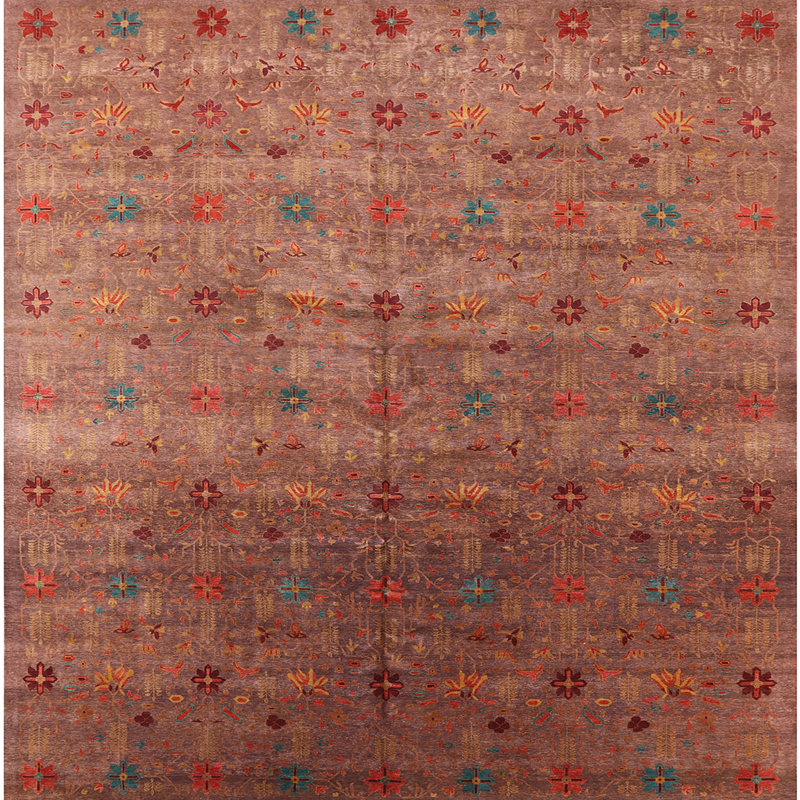Tapis rouge à motif floral, Carré 7 pi