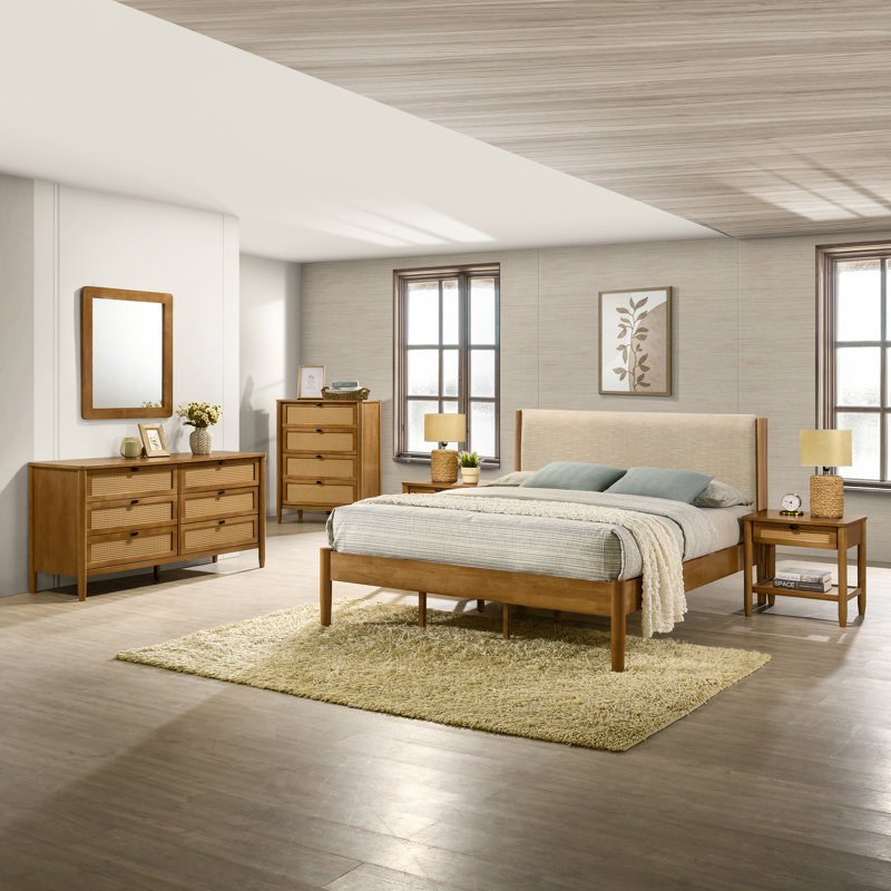 Comelia 6-Piece Rubberwood Bedroom Set with Textured Polyester Upholstered Queen Bed, Dresser, Mirror, 2 Nightstands, and Chest