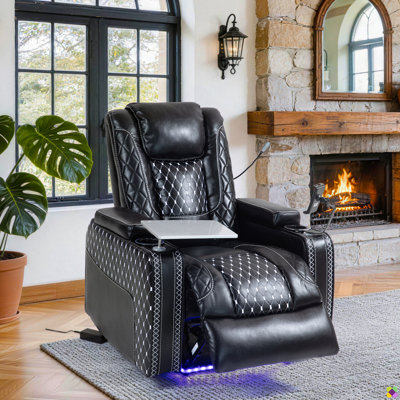 Brisen 34.25"W Faux Leather Recliner, Reading Light, USB, Arm Table & Console Box, Cup & Phone Holder