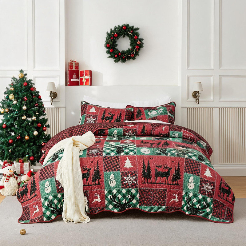 Ensemble de courtepointe en patchwork de Noël 3 pièces, couvre-lit de fête avec rennes, flocons de neige et sapin, style ferme