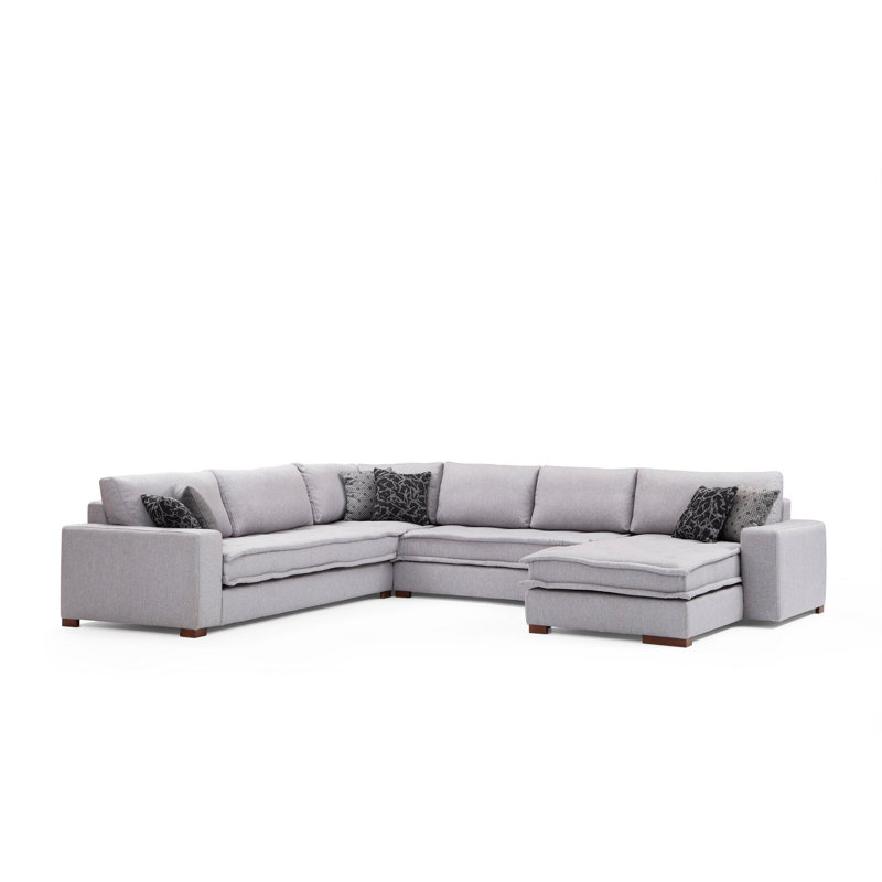 Canapé d'angle moderne, gris clair, 116,5 po x 137,8 po x 74,8 po | Structure en bois de hêtre durable et en carton, tissu 100% polyester | Mousse souple et siège à ressorts, comprend 2 coussins, pieds en métal noir | Mobilier de salon élégant et f