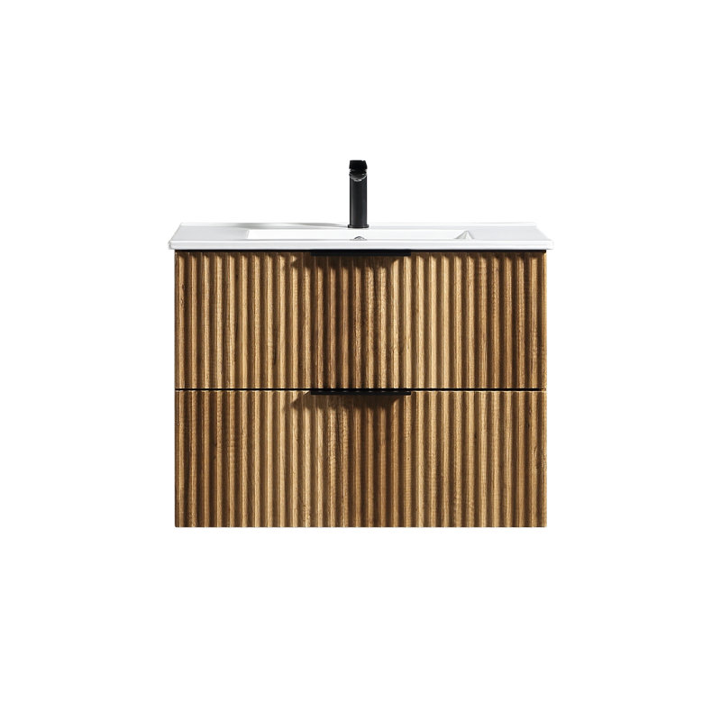 Meuble-lavabo mural 30 po avec panneau cannelé 3D et lavabo intégré en céramique, 29"
