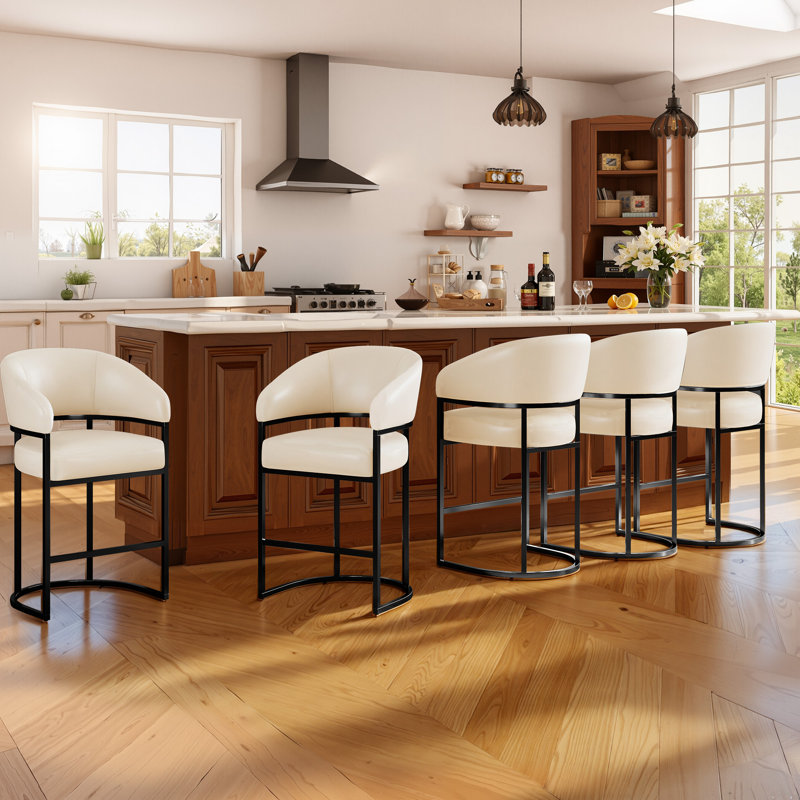 Tabouret de bar moderne de 26 po, base en similicuir blanc et métal noir, tabouret de bar à hauteur de comptoir., 1