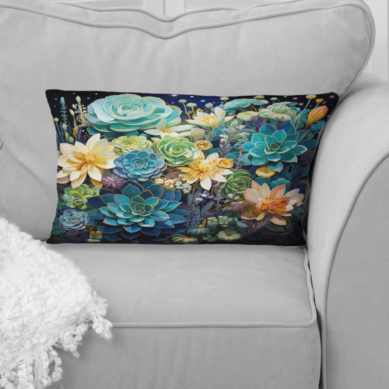 Coussin décoratif sarcelle à motif de plantes grasses - Sarcelle