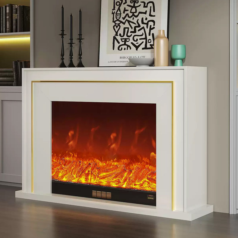 Foyer électrique blanc en bois massif, Blanc, H 39,37 po x l 47,24 po x P 12,6 po