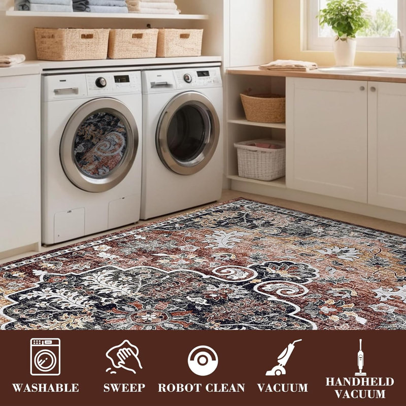 Thin Washable Runner Rug 2x6 Non-Slip Non-Shedding Vintage Hallway Runner Stain-Resistant Indoor Entryway Brown/Red