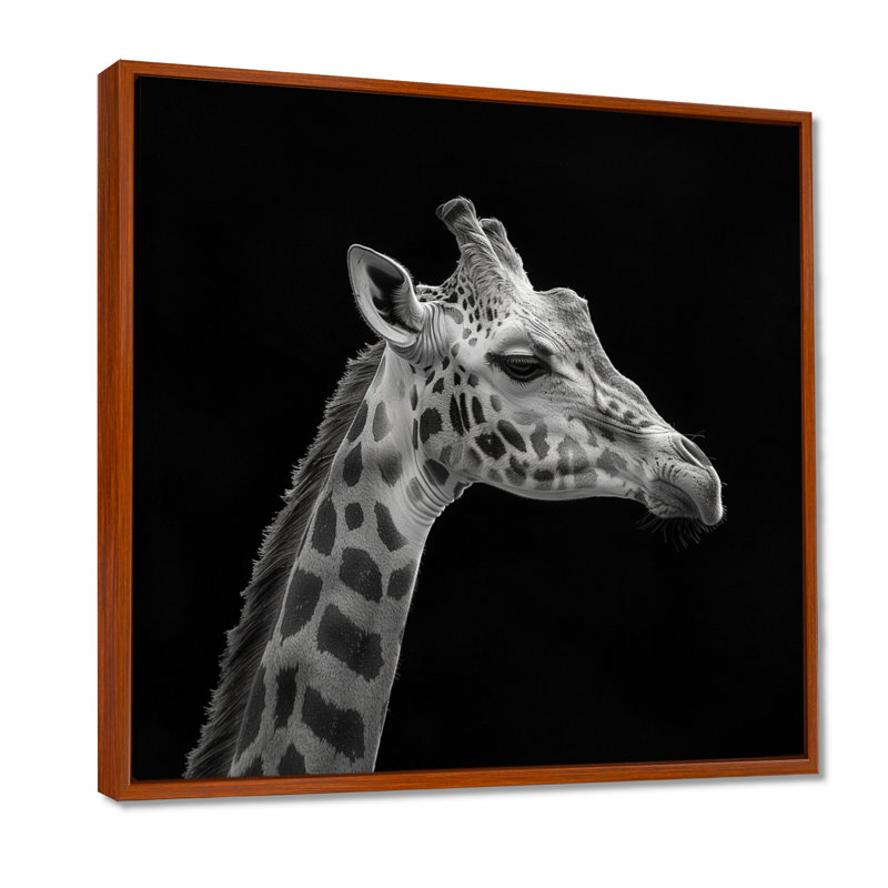 Girafe sur fond noir - reproduction d'art girafe, Toile avec cadre flottant brun, H 36 po x l 36 po x P 1,5 po