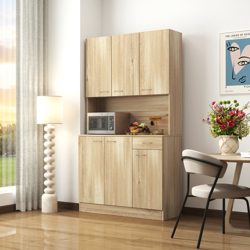Isildo Kitchen Cabinet with Doors, Drawer& Open Shelves, Oak