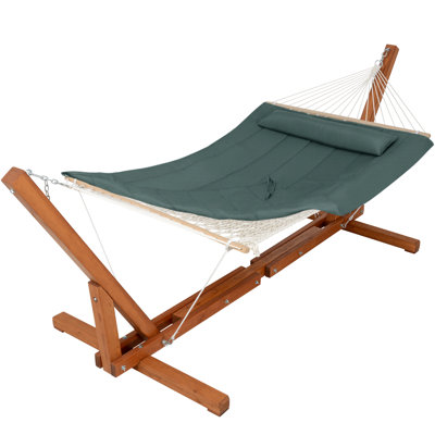 Rope Hammock With 12-14 Foot Adjustable Wooden Hammock Stand And Removable Pad