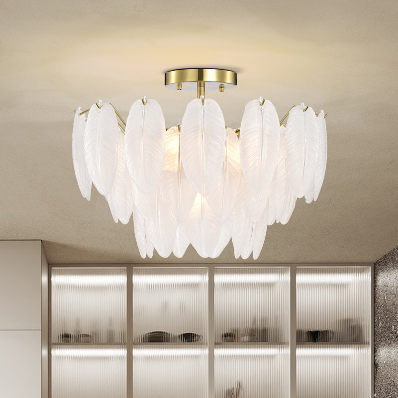 Jamaile  7-Light Brushed Shiny Brass Glass Feather-shaped Flush Mount