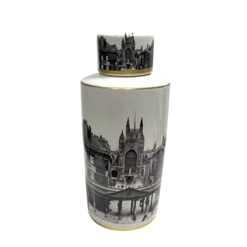 Modern White & Black Church Ceramic Ginger Jar – Chic Decorative Accent for Living Room, Bedroom, or Home