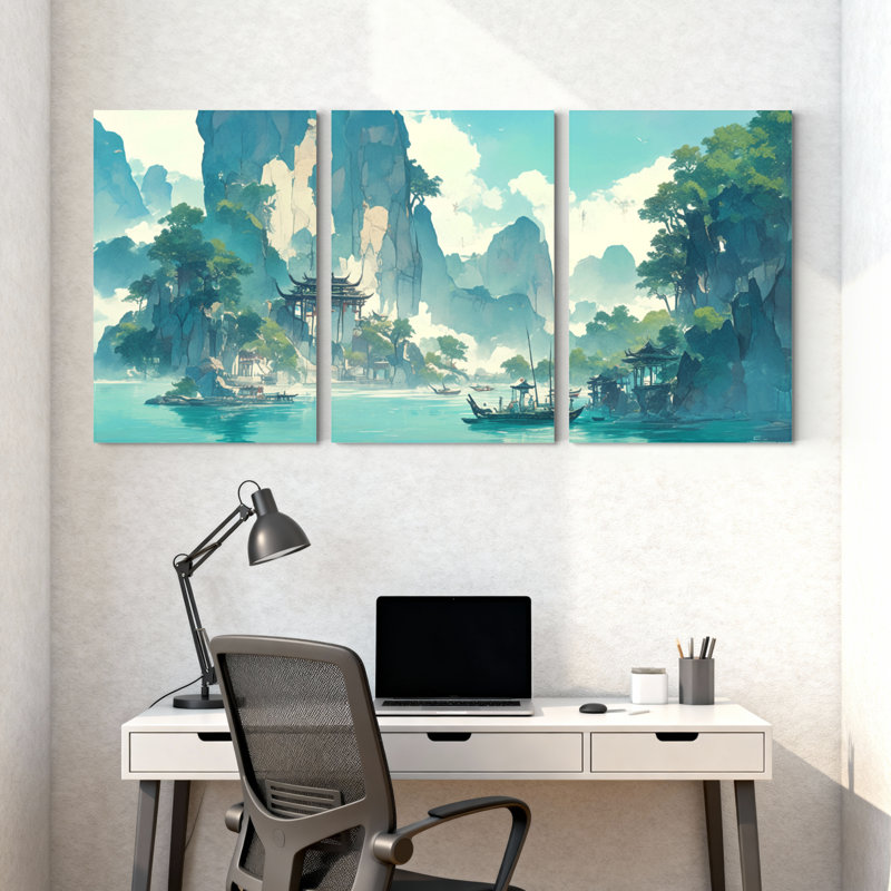 Landscape & Nature Mountain Lake Temple Boat Reflection Sky Trees Water Set of 3 Canvas Wall Art Prints, 18" H x 36" W