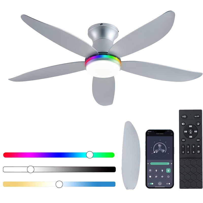 Ventilateur de plafond avec lumière, ventilateurs de plafond à profil bas RVB de 48 po avec lumières et télécommande, à intensité variable, moteur réversible à courant continu, silencieux, ventilateur de plafond encastré à 6 vitesses pour la ch