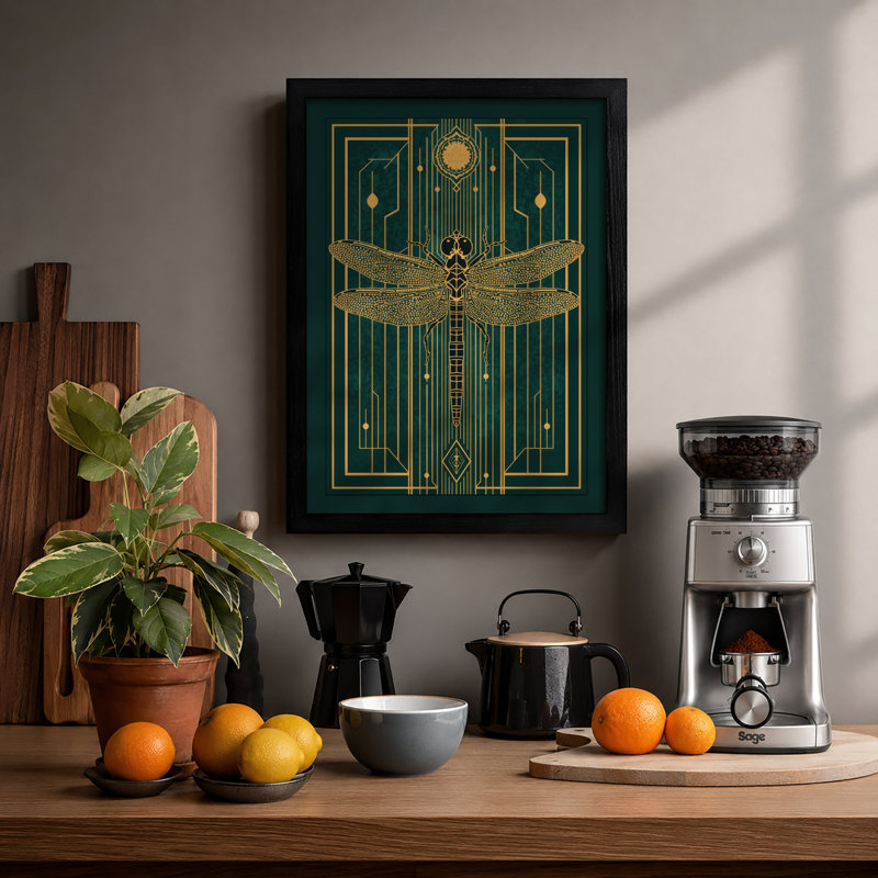 Golden Dragonfly Symmetry Art Deco - Framed Print, A3 - 42.0 x 29.7 cm, Black