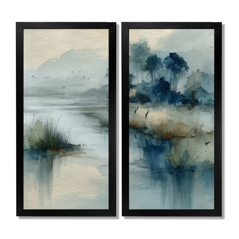 «Blue and Grey Foggy Morning River Run», art sur toile, paysage bleu, art mural 2 pièces, H 20 po x l 24 po, Noir